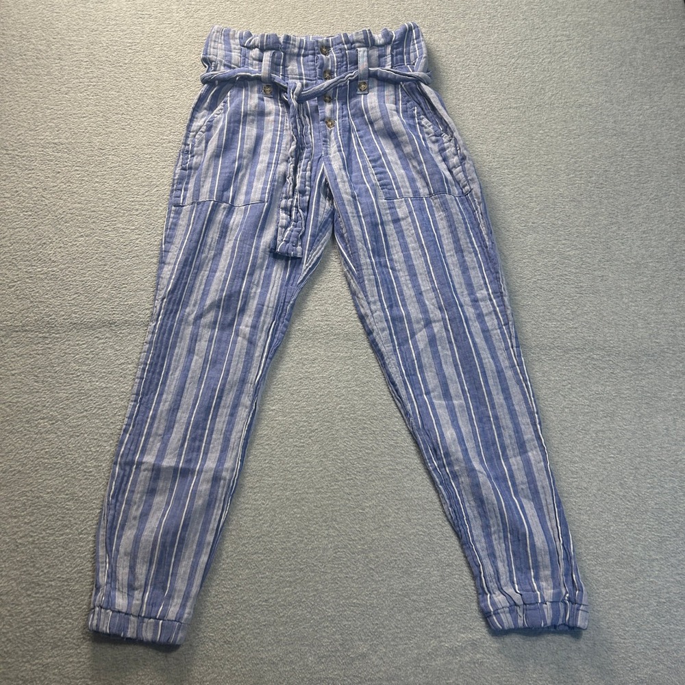 Indigo Rein Jogger Pants Womens M Blue White Striped Paperbag Waist Tie Belt